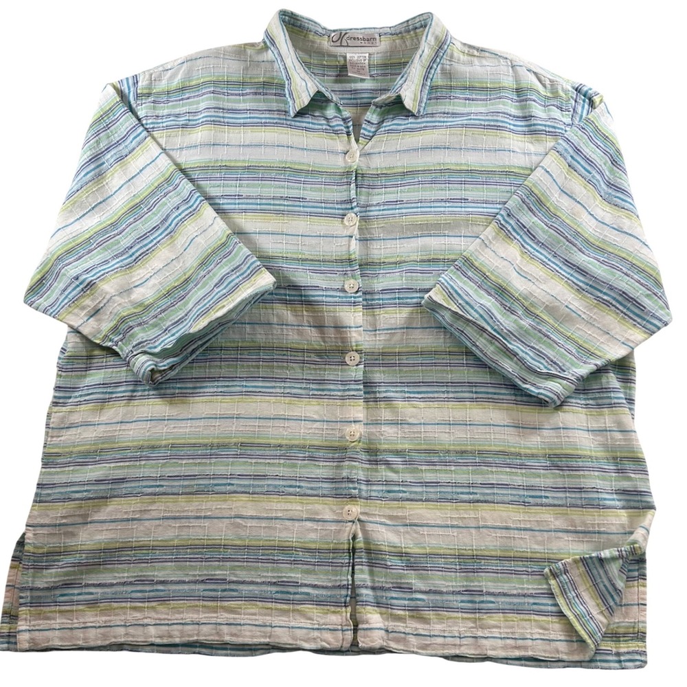 Dressbarn Woman 2X Cotton Striped Button Down Shirt Blue Green Short Sleeve Chic
